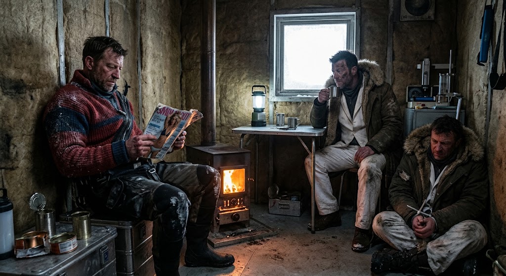 Dan and Ken resting in the Chilean meteorological hut with Thorne captured