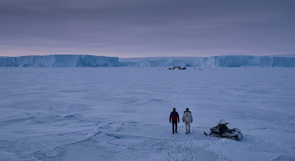 Dan and Ken walking across the vast Antarctic ice shelf at dusk