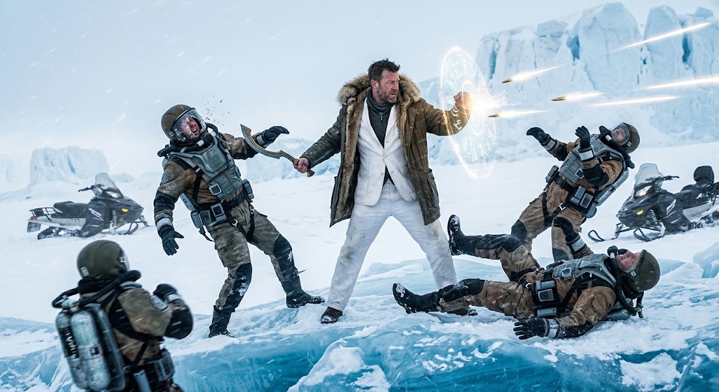 Cairo Ken deflecting gunfire and battling mercenaries on the ice surface