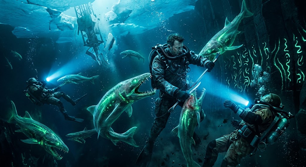 Scuba Dan fighting underwater mercenaries and ancient abyssal creatures